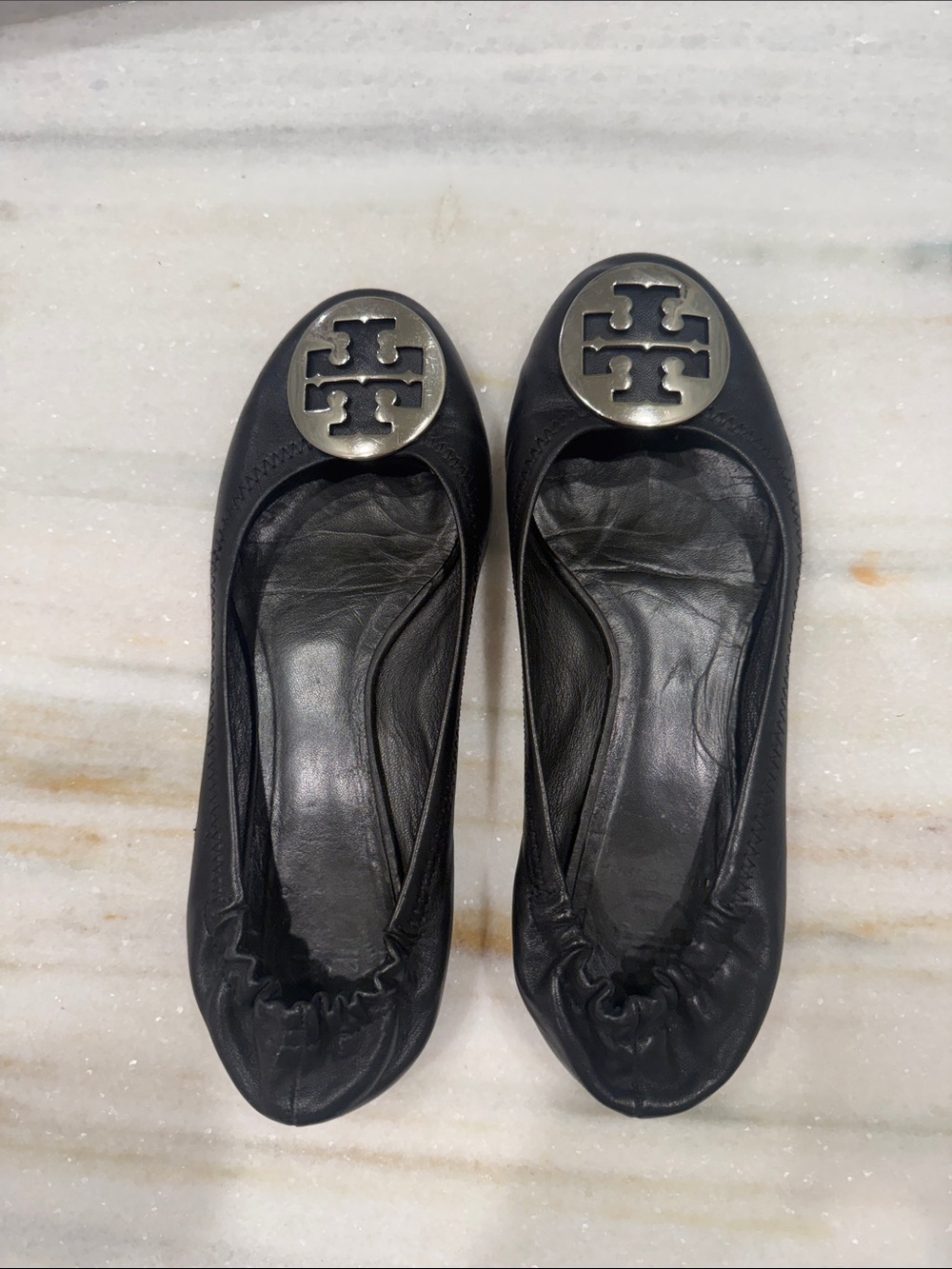 Tory Burch Black Leather Logo Ballet Flats